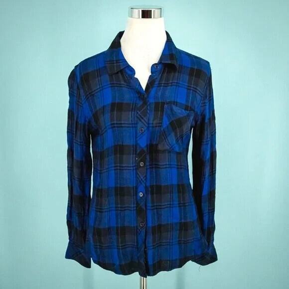 Rails Size Small S Black Blue Plaid Check Print Collared Button Long Sleeve Top - Picture 1 of 6